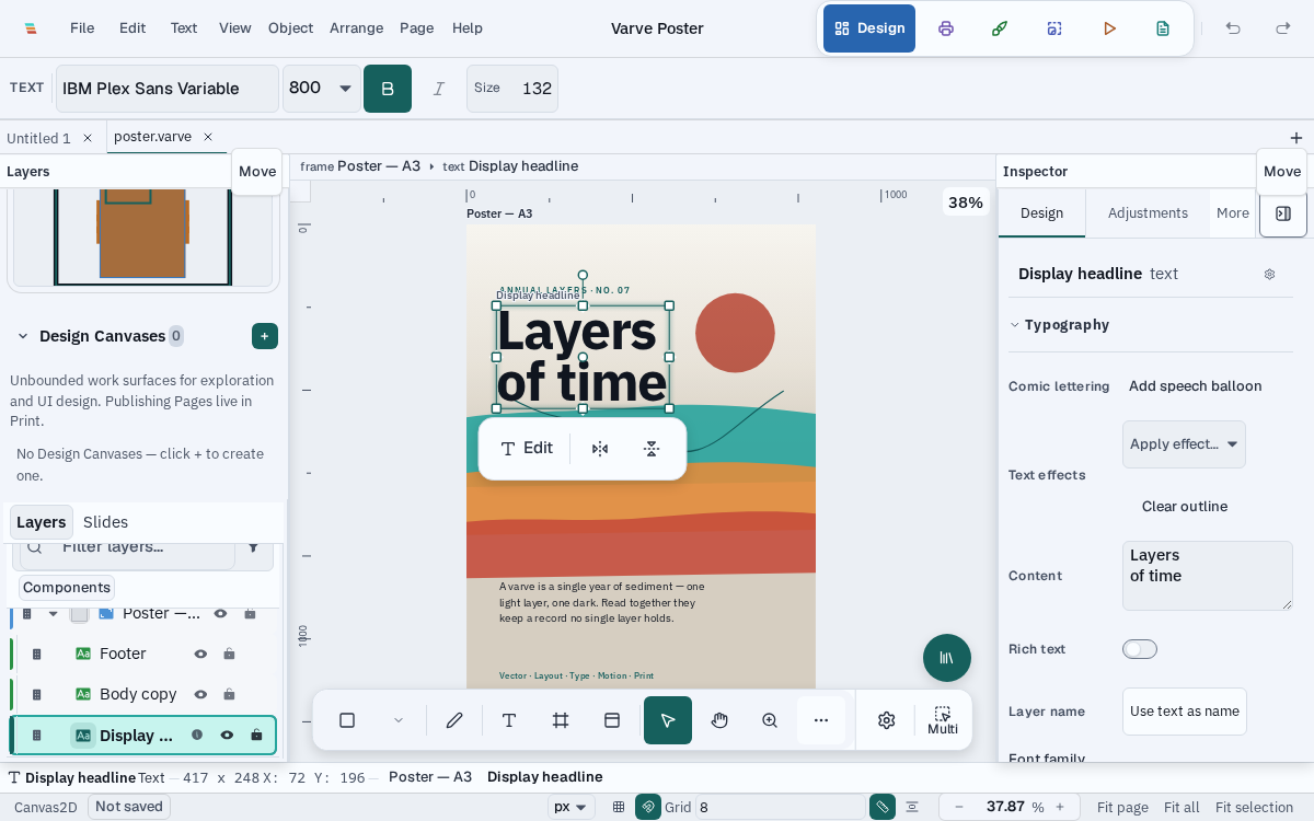 The Varve poster workspace in tablet presentation, with the Inspector beside the canvas and touch controls along the bottom toolbar