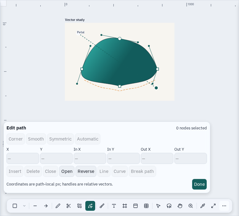 A curved vector shape in Varve with its anchor points and Bézier handles shown in node editing mode