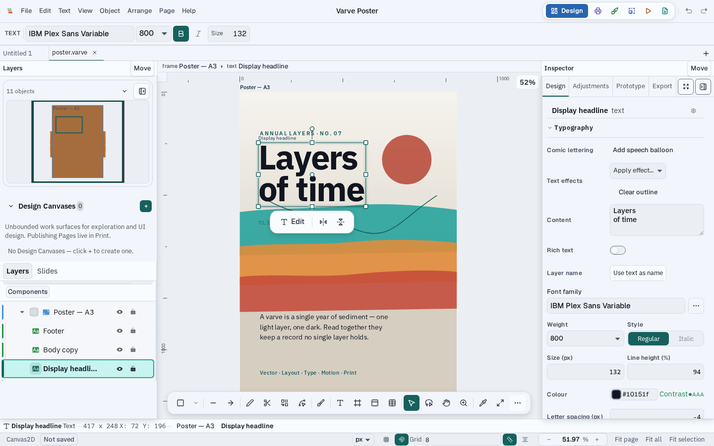 The Varve workspace: a poster document on the canvas with the layers panel on the left and the properties inspector on the right