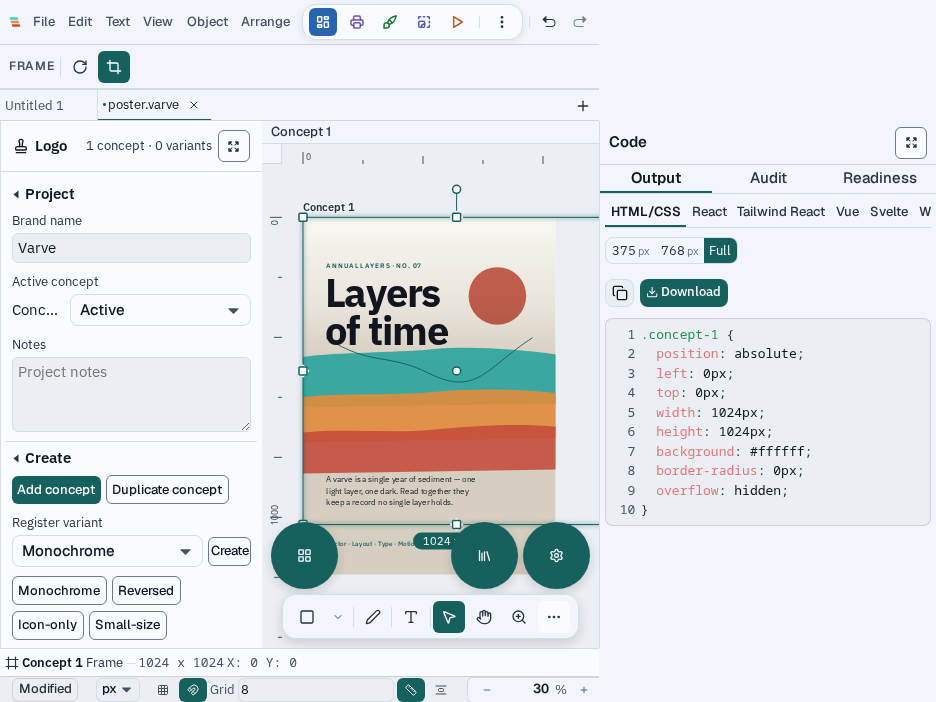 The Design workspace with Logo project controls and generated Code output open beside the same poster document